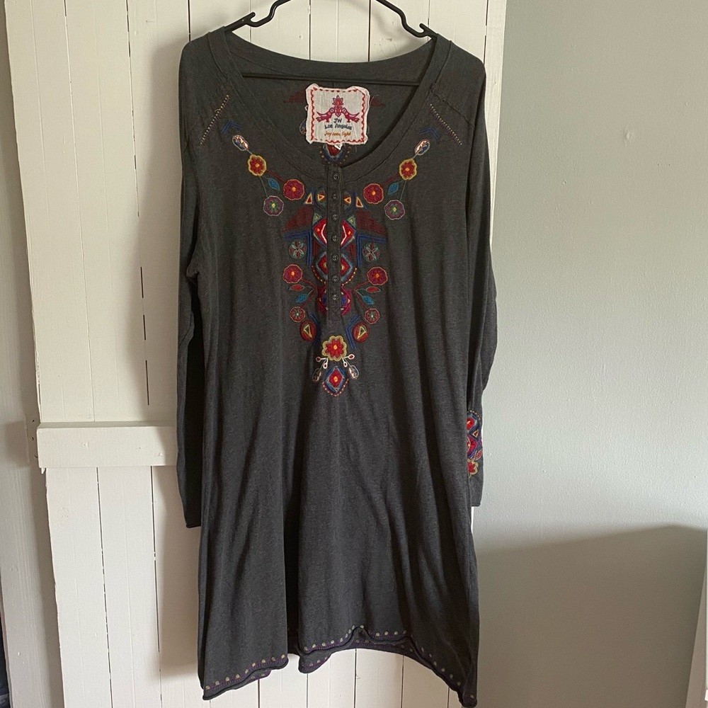 Johnny Was Charcoal Gray Henley Embroidered Dress